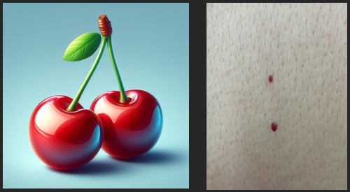 Two glossy red cherries with green stems and leaves beside a skin surface with two small red dots.